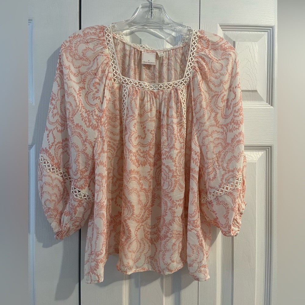 Sharagano Coral and White Patterned Blouse